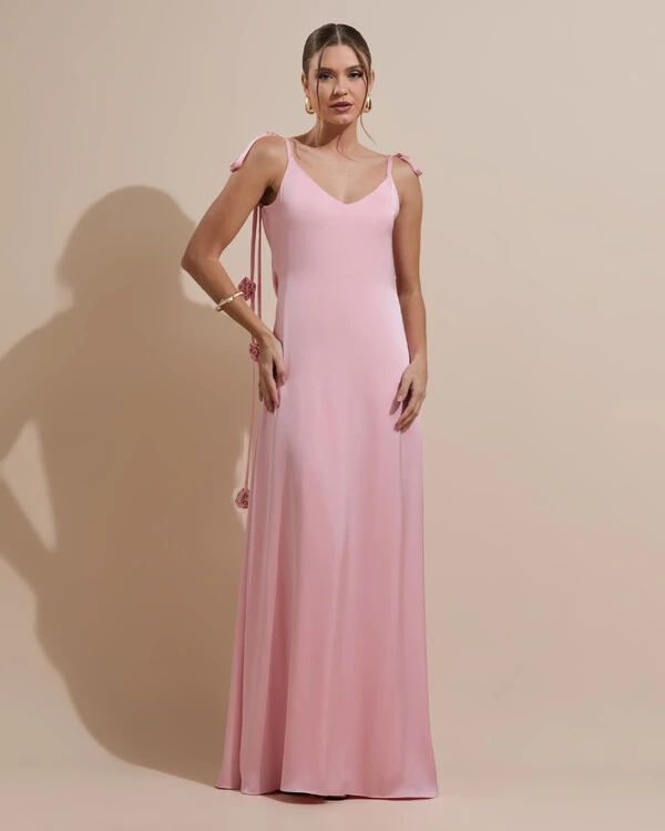 Vestido de Festa Longo Decote Degagê Costas Cetim Flores 3D Alças Rose Gold