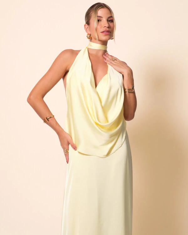 Vestido de Festa Longo Cetim Fluido Frente Única Degagê Mil Formas Amarelo Manteiga