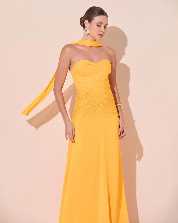 Vestido de Festa Longo Decote Coração Crepe Chiffon Drapeado Plissado Lenço Laranja Manga New