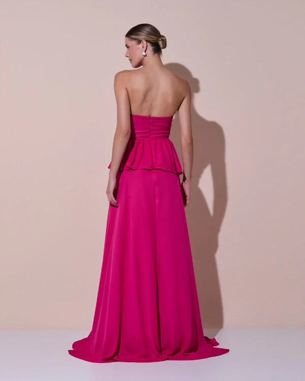Vestido de Festa Longo Crepe Chiffon Tomara que Caia Peplum Drapeado Pink Escuro