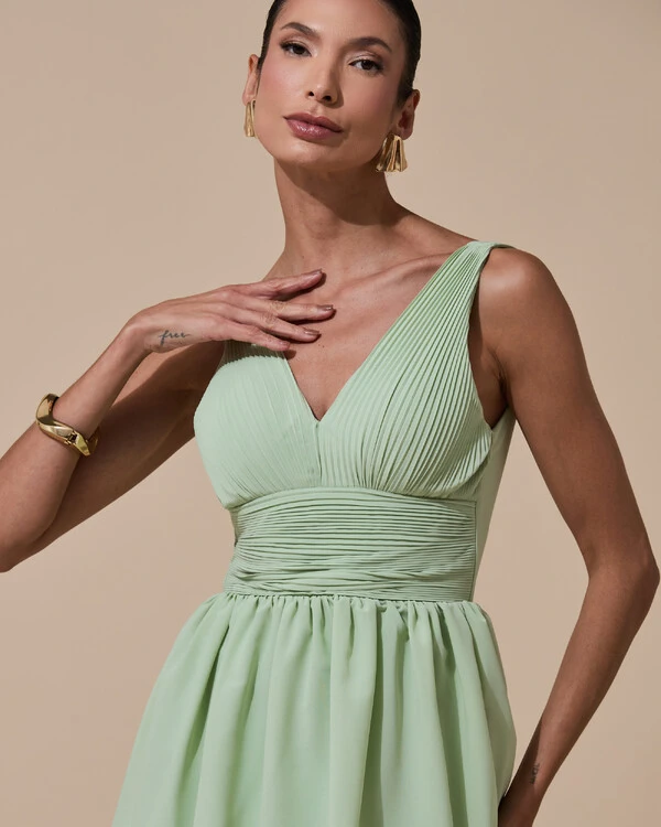 Vestido de Festa Longo Decote V Crepe Chiffon Plissado Camadas Babado Verde Menta New