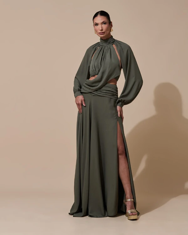Vestido de Festa Longo Gola Alta Crepe Chiffon Recortes Drapeado Manga Longa Fenda Verde Oliva