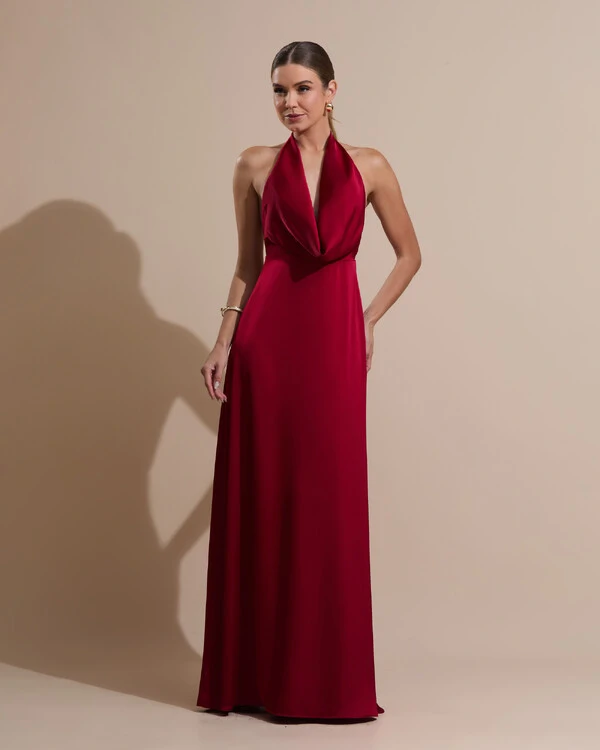 Vestido de Festa Longo Frente Única Degagê Cetim Fluido Marsala