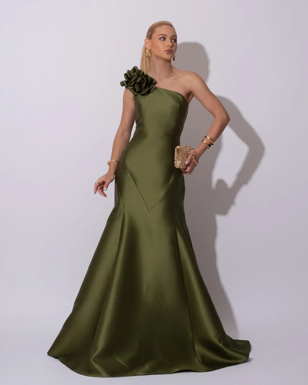 Vestido de Festa Longo Zibeline um Ombro Só Flor Removível Saia Sereia Verde Oliva