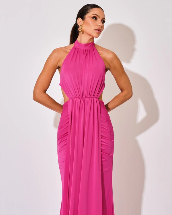Vestido de Festa Longo Malha Jersey Gola Alta Saia Sereia Pink