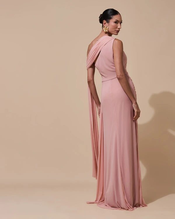 Vestido de Festa Longo Um Ombro Só Tule Faixa Drapeada Lenço Rose