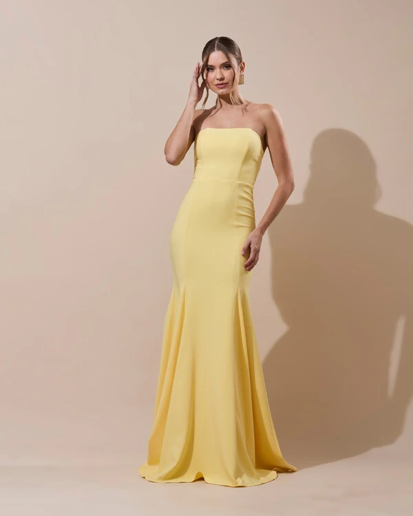 Vestido de Festa Longo Alfaiataria Tomara que Caia Saia Sereia Azul Amarelo Manteiga