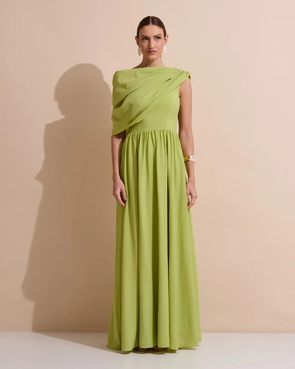 Vestido de Festa Longo Um Ombro Só Crepe Chiffon Capa Drapeado Verde Garden