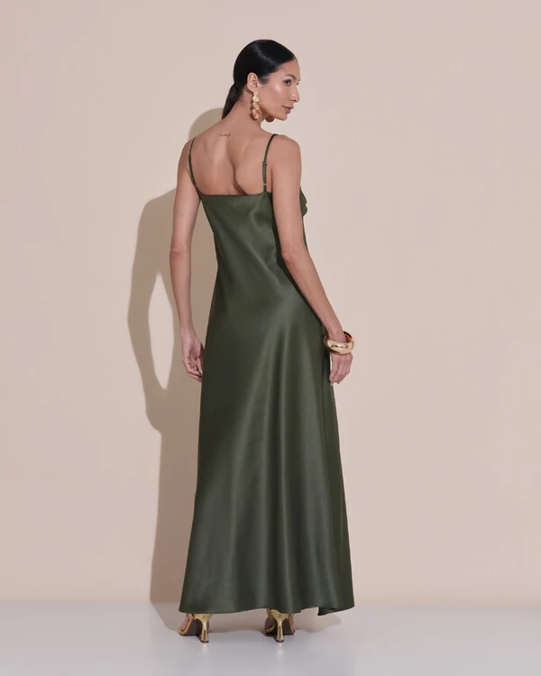 Vestido de Festa Midi Drapeado Cetim Verde Oliva