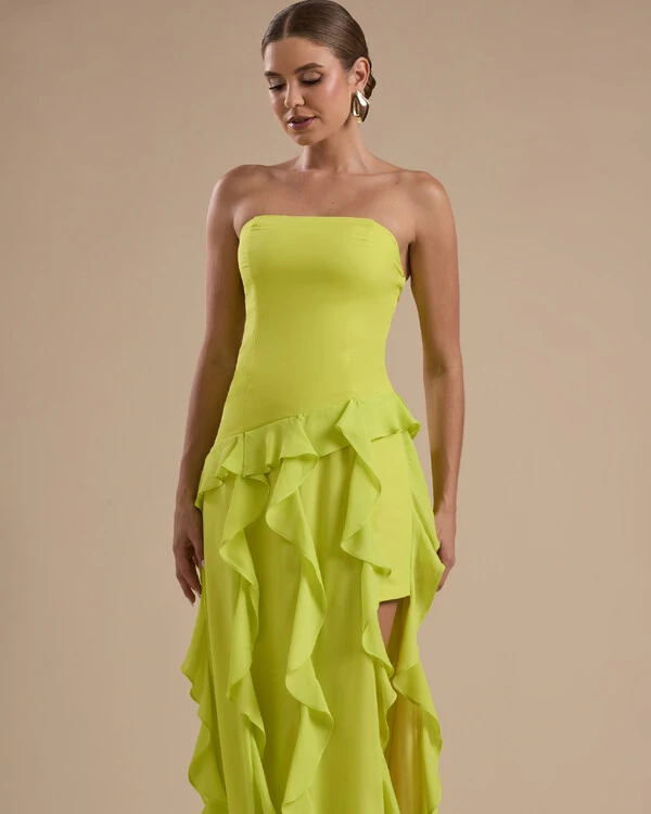 Vestido de festa Longo Tomara que Caia Crepe Chiffon com Bababos Cascata e Fenda Verde Lima