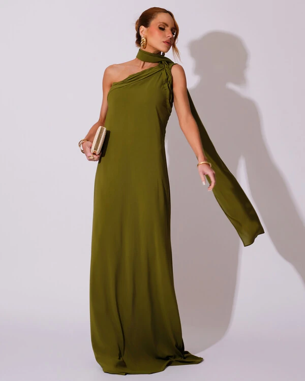 Vestido de Festa Longo Crepe Chiffon Um Ombro Só Drapeado Verde Oliva