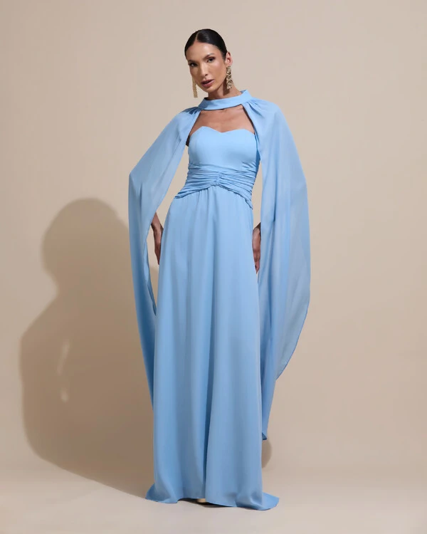 Vestido de Festa Longo Tomara Que Caia Crepe Chiffon Drapeado Capa Serenity