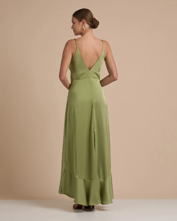 Vestido Midi Babado Acetinado Verde Pistache