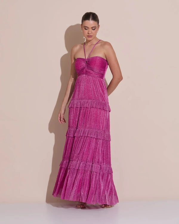 Vestido de Festa Longo Tule com Saia Babado Fúcsia