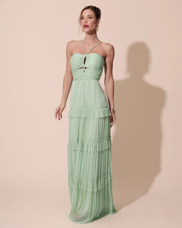 Vestido de Festa Longo Tule com Saia Babado Verde Lima