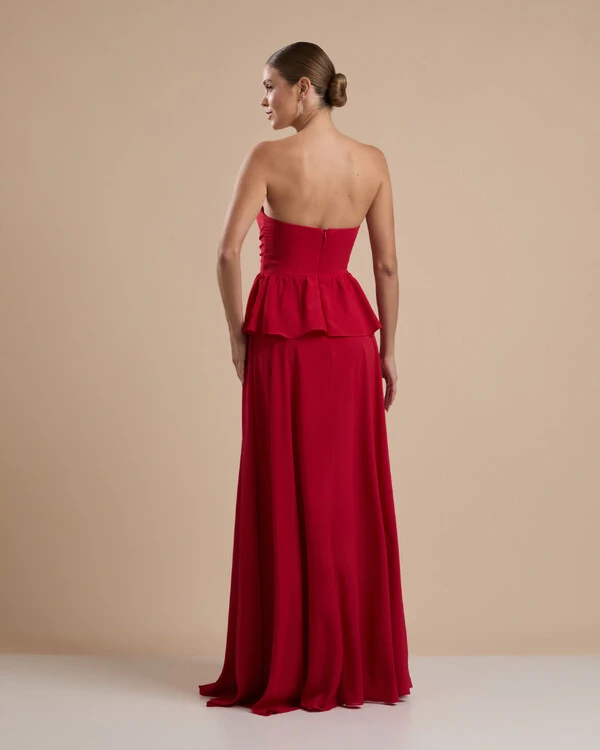 Vestido de Festa Longo Crepe Chiffon Tomara que Caia Peplum Drapeado Vermelho