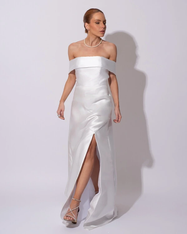 Vestido de Festa Longo Zibeline Ombro a Ombro Drapeado e Fenda Branco