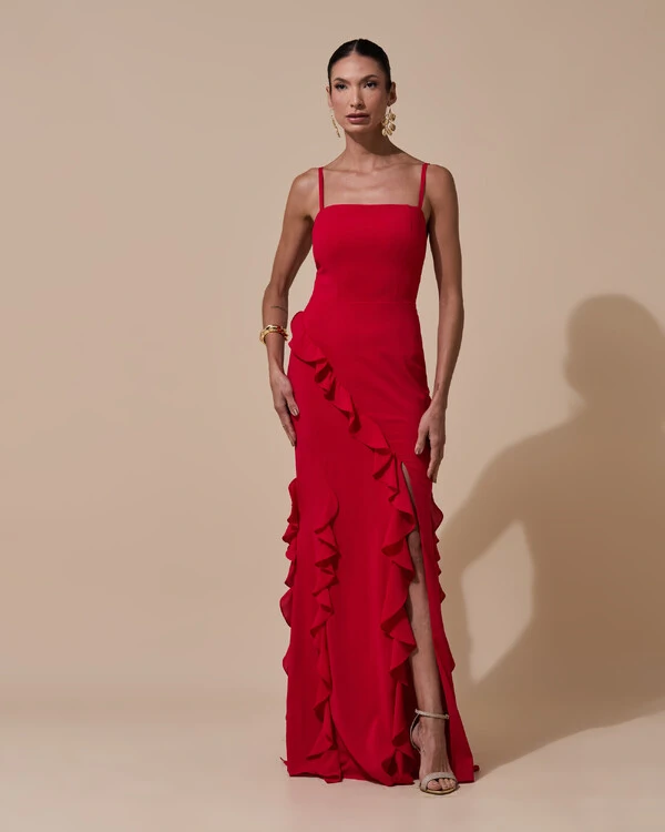 Vestido de Festa Longo Alças Finas Crepe Chiffon Babado Cascata Fenda Costas V Vermelho