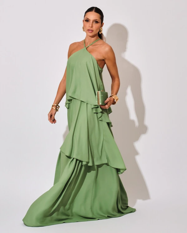 Vestido Longo Babado em Camadas Verde Claro