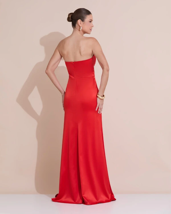 Vestido de Festa Longo Cetim Alfaiataria Tomara que Caia Fenda Vermelho