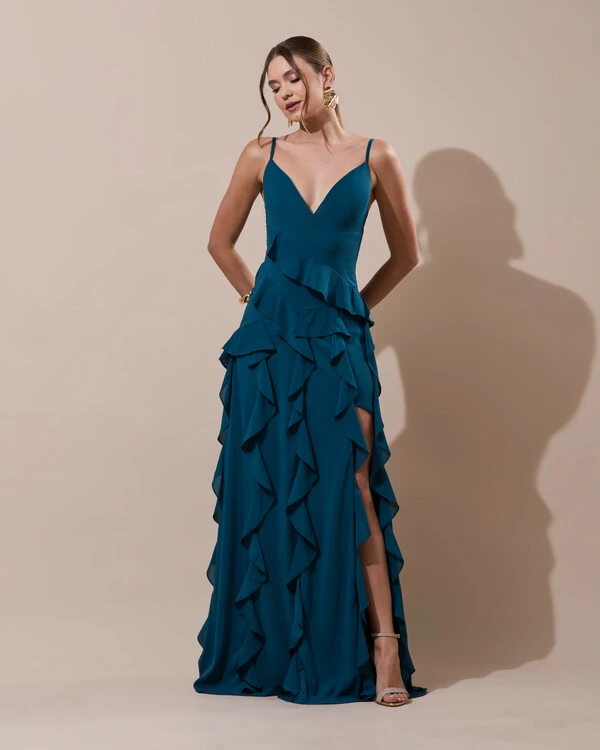 Vestido de Festa Longo Decote V Crepe Chiffon Babados Cascata e Fenda Verde Escuro