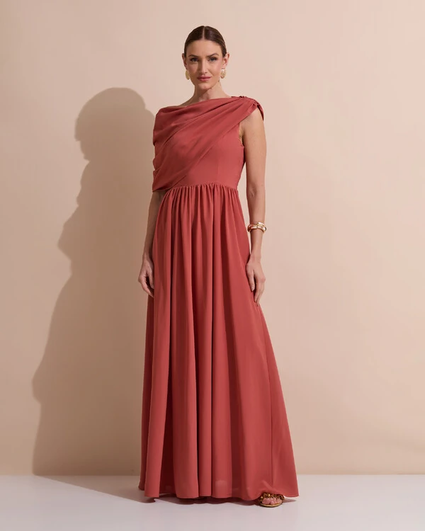 Vestido de Festa Longo Um Ombro Só Crepe Chiffon Capa Drapeado Terracota