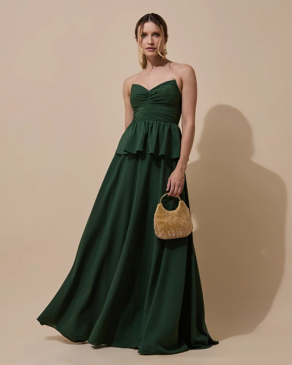 Vestido de Festa Longo Crepe Chiffon Tomara que Caia Peplum Drapeado Verde Militar