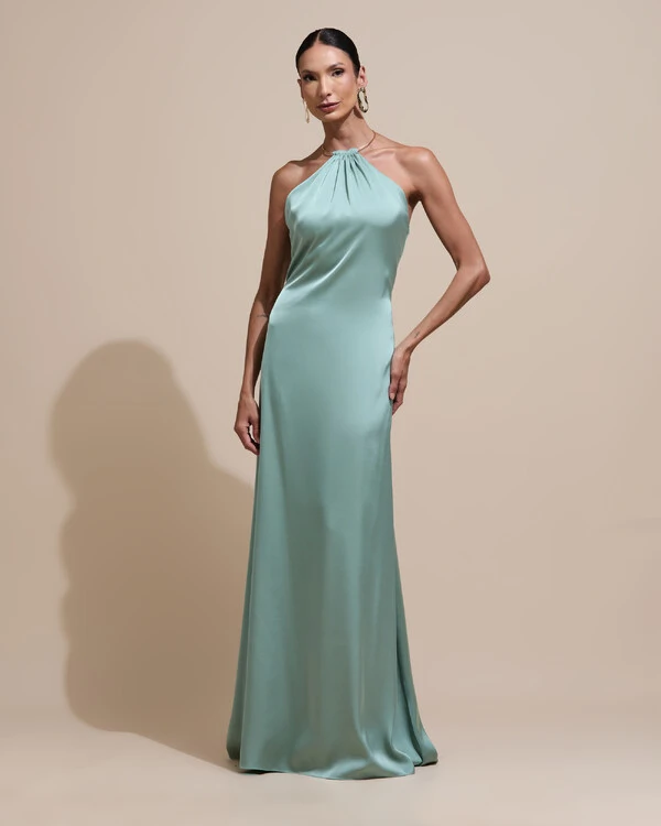 Vestido de Festa Longo Cetim Fluido com Argola Frente Única Verde Menta