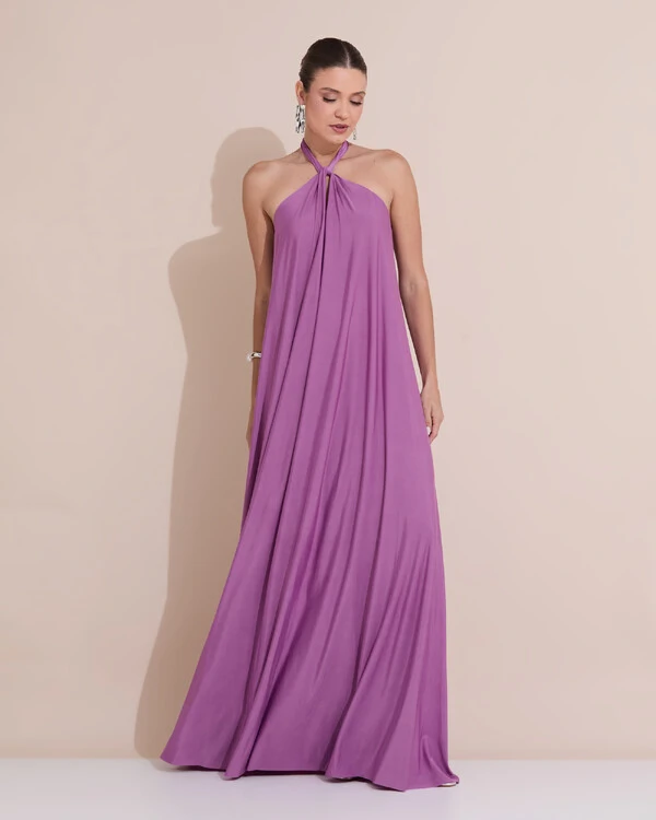 Vestido Longo com Amarração em Malha Lilás