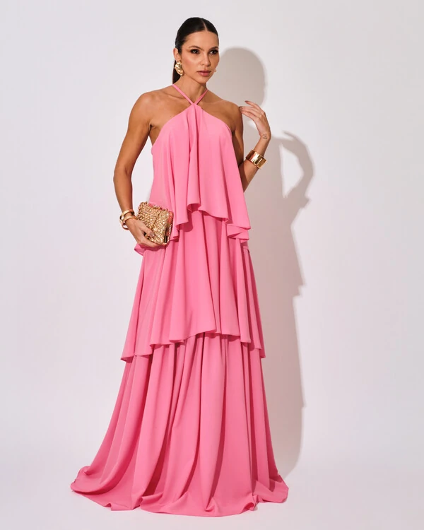 Vestido Longo Crepe Chiffon Babado em Camadas Rosa