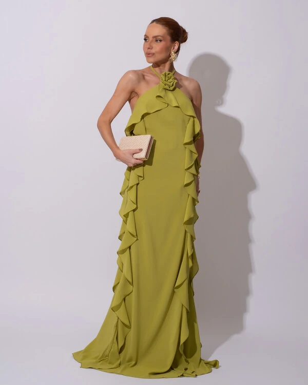Vestido de Festa Longo Crepe Chiffon Frente Única Babados Cascata e Flor Verde Pistache