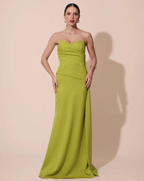 Vestido de Festa Longo Alfaiataria Tomara que Caia Drapeado Faixa Verde Pistache