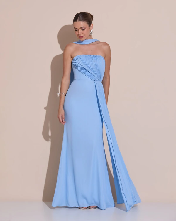 Vestido de Festa Longo Tomara Que Caia Crepe Chiffon Plissado Lenço Lenço Serenity