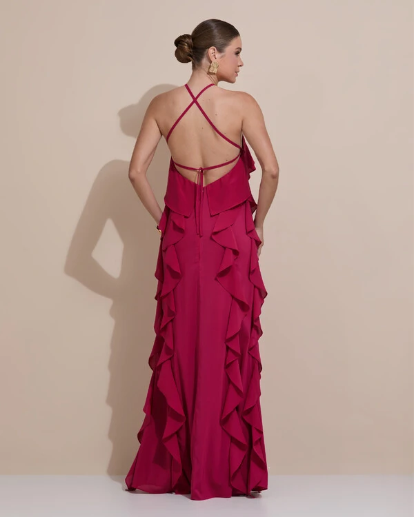 Vestido de Festa Longo Crepe Chiffon Frente Única Babados Cascata e Flor Cereja
