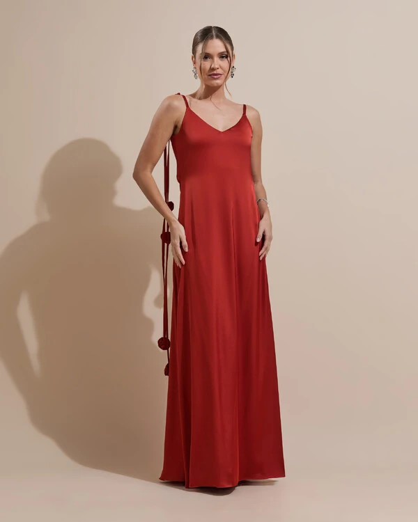 Vestido de Festa Longo Decote Degagê Costas Cetim Flores 3D Alças Terracota