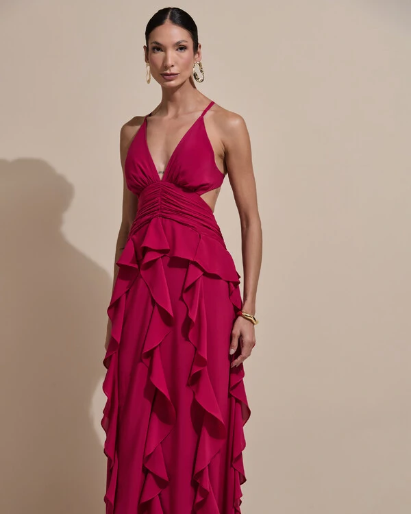 Vestido de Festa Longo Decote V Recortes Drapeado Crepe Chiffon Babados Cascata Cereja