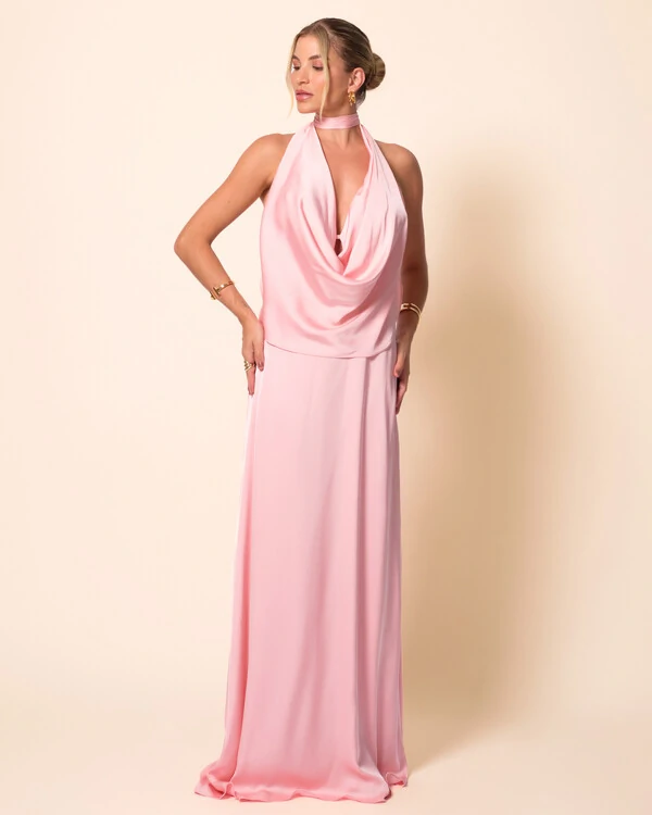 Vestido de Festa Longo Cetim Fluido Frente Única Degagê Mil Formas Rose Gold