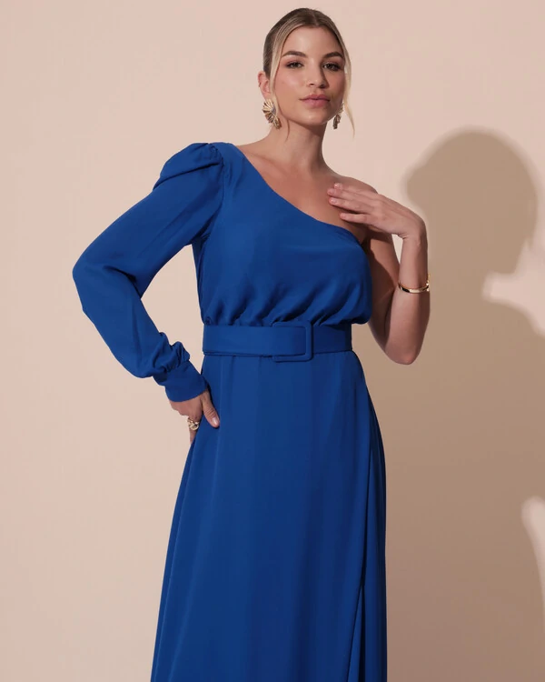 Vestido de Festa Longo um Ombro Só Manga Longa com Cinto Azul Royal