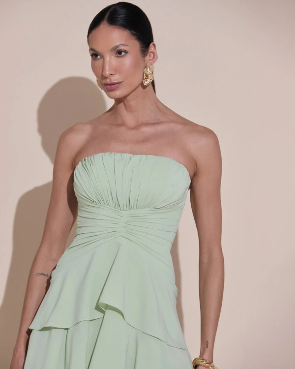 Vestido de Festa Longo Tomara que Caia Drapeado Crepe Chiffon Babados Camadas Verde Menta New