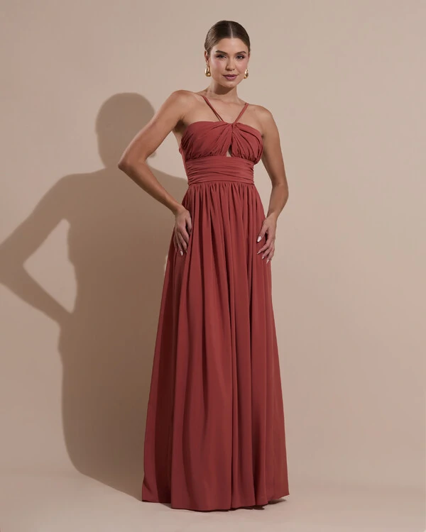 Vestido de Festa Longo Crepe Chiffon Drapeado com Alças Finas Terracota
