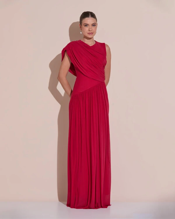 Vestido de Festa Longo Capa Drapeado Tule Saia Fluida Cereja