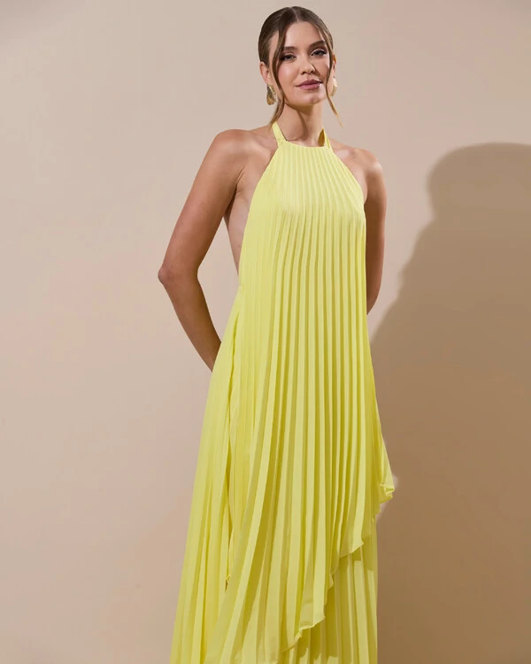 Vestidos de Festa Longo Chiffon Fluido Frente Única Plissado Duplo Amarelo Manteiga