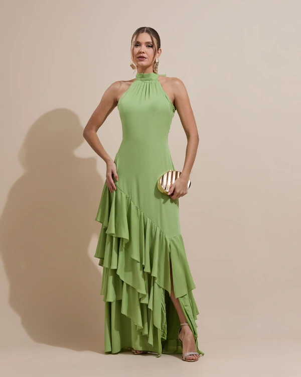 Vestido de Festa Longo Chiffon Crepe Gola Alta Babados Verde Garden