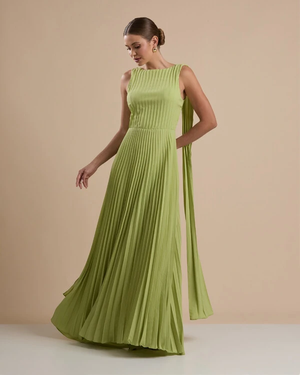 Vestido de Festa Longo Crepe Chiffon Plissado com Lenço nas Alças Verde Garden