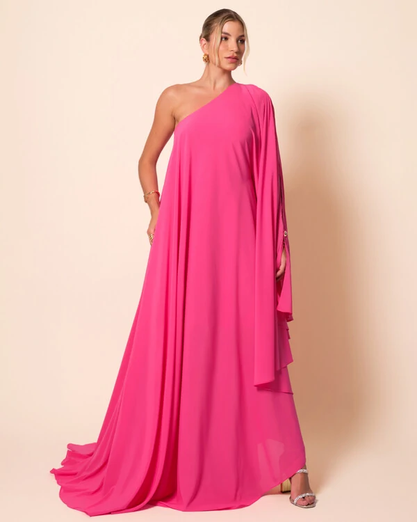Vestido de Festa um Ombro com Capa Crepe Fluido Pink New