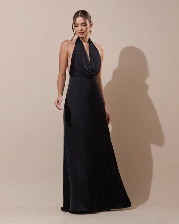 Vestido de Festa Longo Frente Única Degagê Cetim Fluido Preto