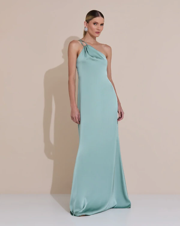 Vestido de Festa Longo em Cetim Fluido um Ombro Só com Lenço Verde Menta