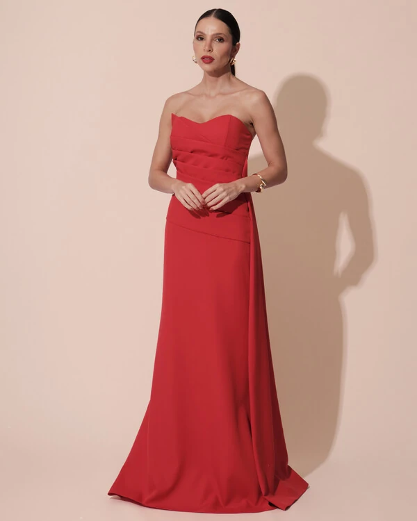 Vestido de Festa Longo Alfaiataria Tomara que Caia Drapeado Faixa Vermelho