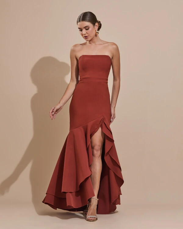 Vestido Longo com Fenda de Babados Alfaiataria Terracota