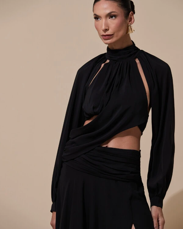 Vestido de Festa Longo Gola Alta Crepe Chiffon Recortes Drapeado Manga Longa Fenda Preto